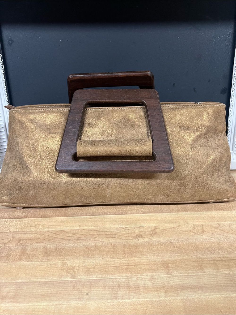 Couture Donald J Pliner Vintage Gold Leather Clutch with Wooden Handle - Picture 3 of 6